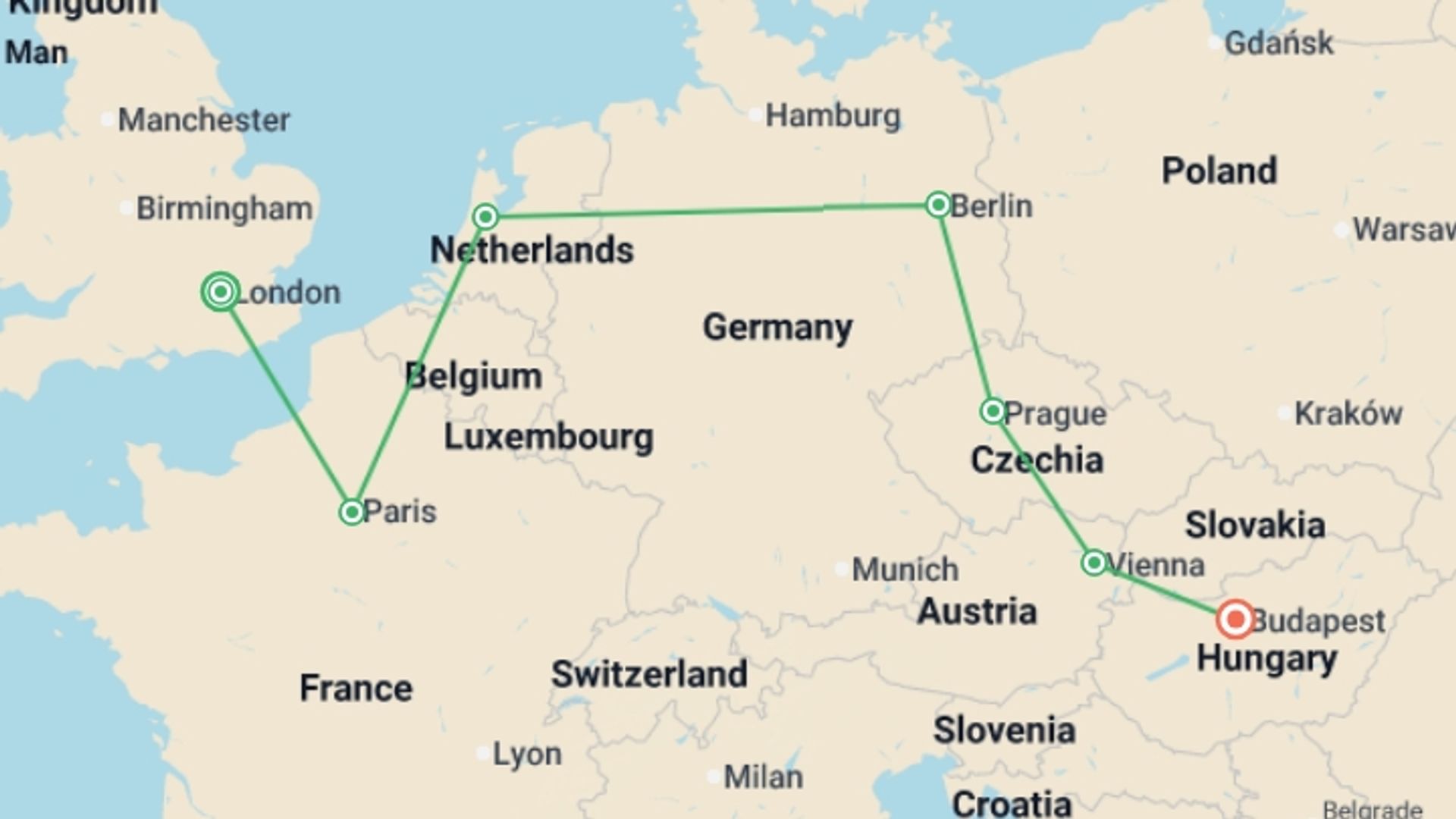 A map showing the tour itinerary for the trip: London to Budapest by Train, starting in London, England and ending in Budapest, Hungary going through 7 other destinations.