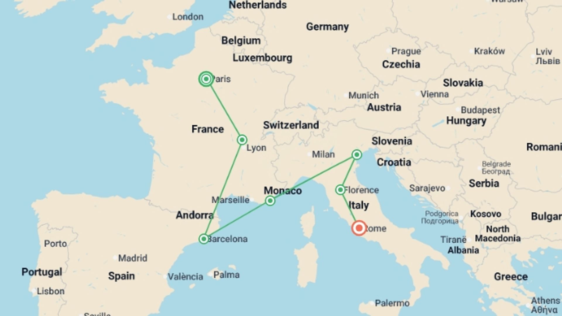 A map showing the tour itinerary for the trip: London to Rome, starting in London, England and ending in Rome, Italy going through 7 other destinations.