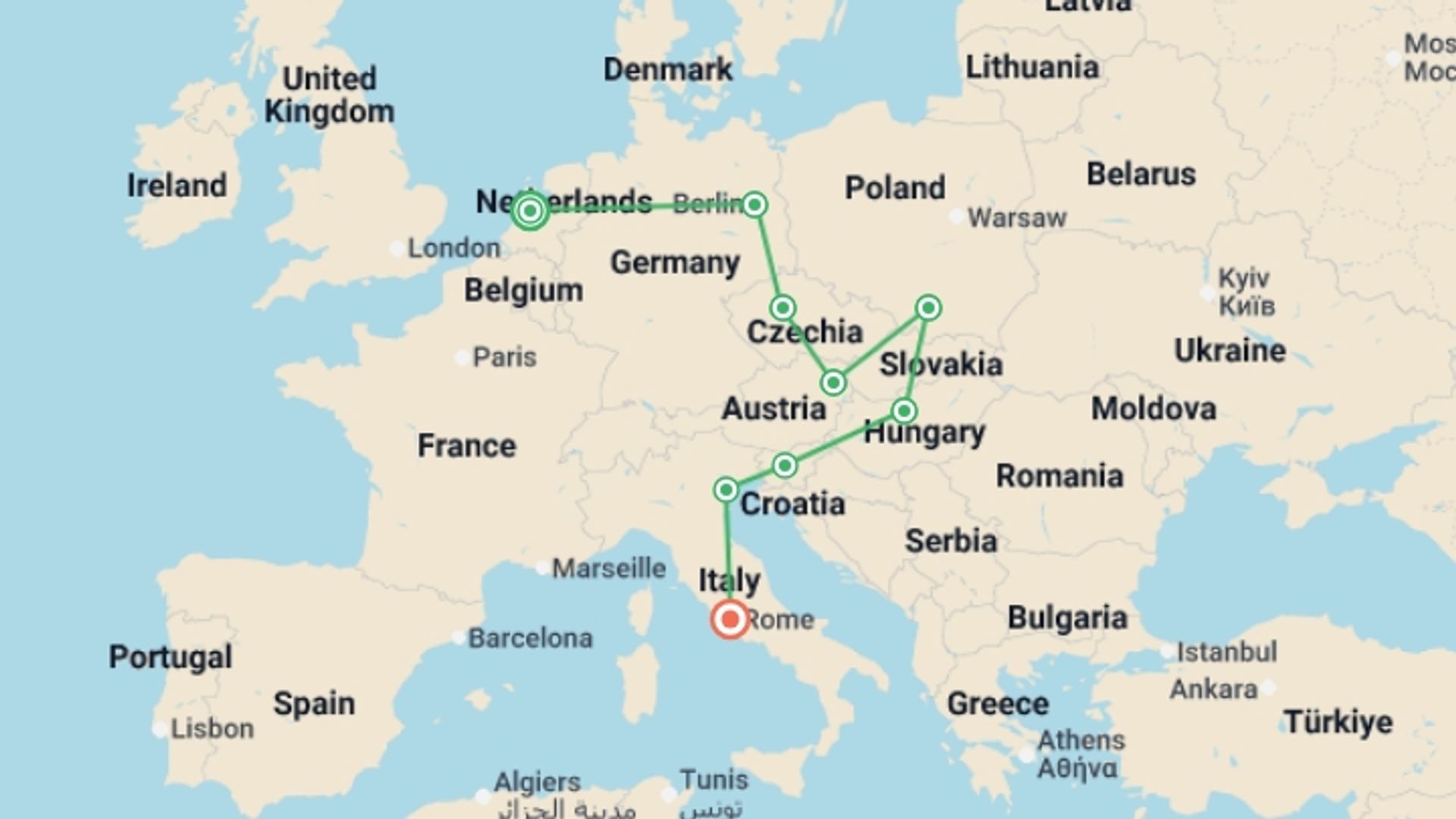 A map showing the tour itinerary for the trip: London to Rome Trail, starting in London, England and ending in Rome, Italy going through 10 other destinations.