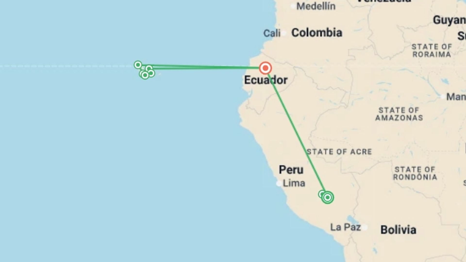 A map showing the tour itinerary for the trip: Machu Picchu and Galapagos, starting in Cusco, Peru and ending in Quito, Ecuador going through 7 other destinations.