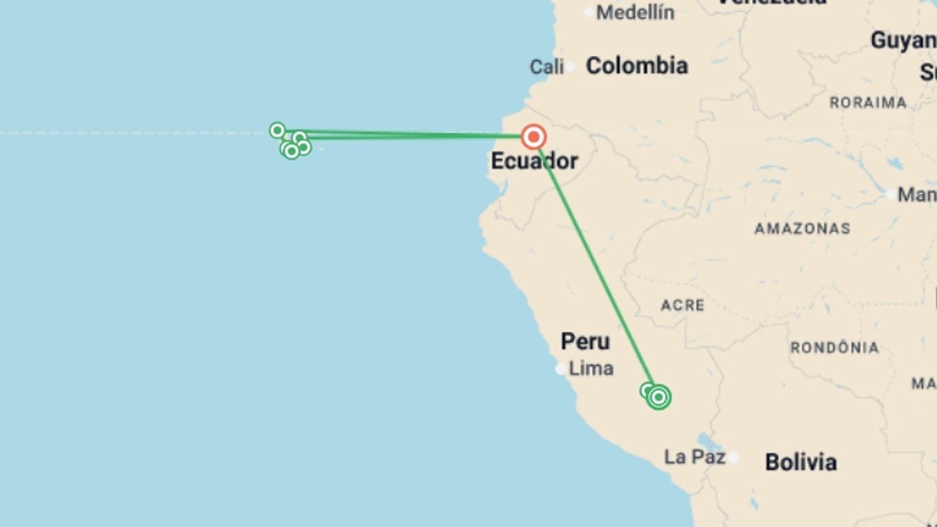 A map showing the tour itinerary for the trip: Machu Picchu and Galapagos, starting in Cusco, Peru and ending in Quito, Ecuador going through 7 other destinations.