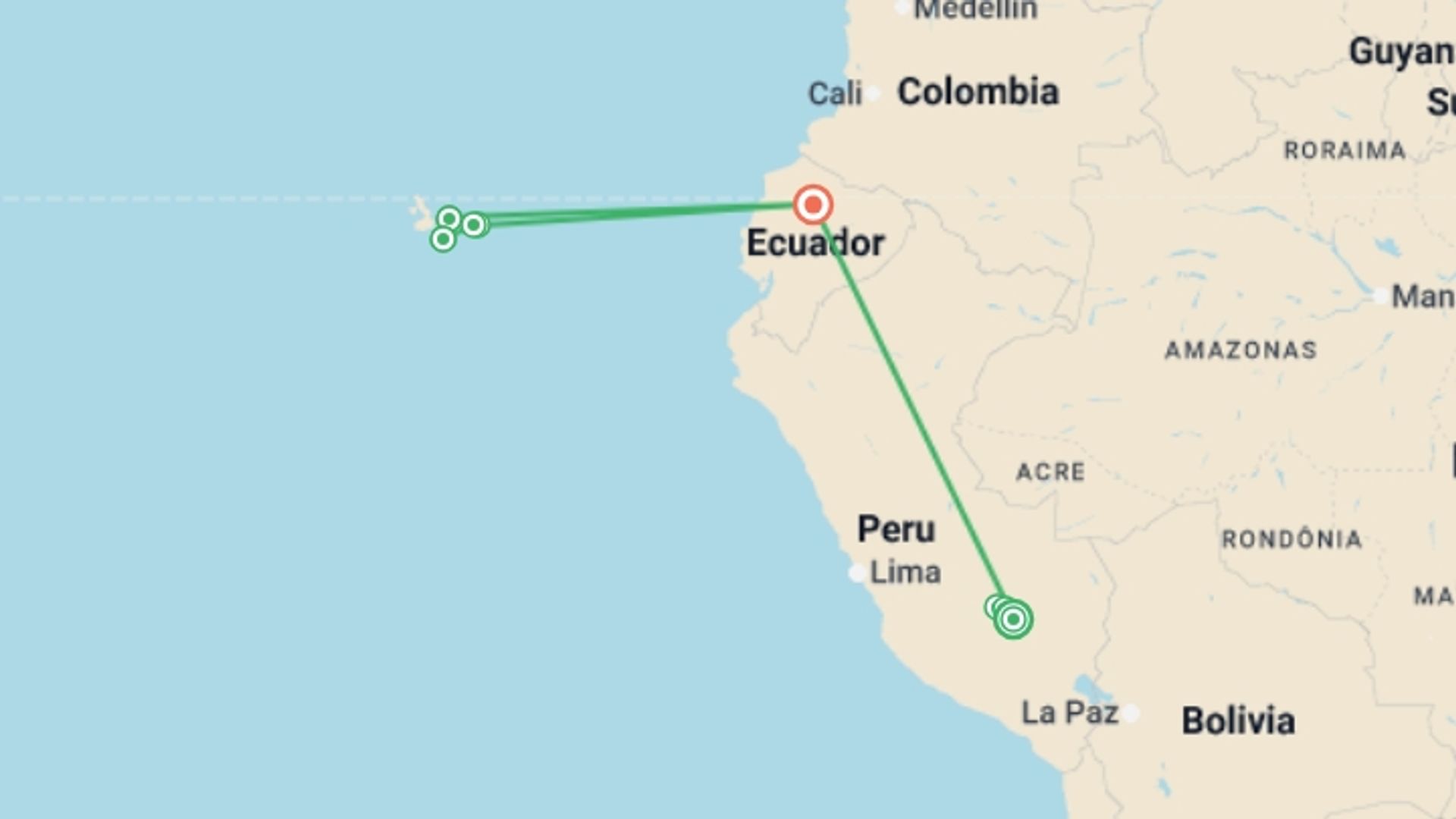 A map showing the tour itinerary for the trip: Machu Picchu & Galapagos, starting in Cusco, Peru and ending in Quito, Ecuador going through 7 other destinations.