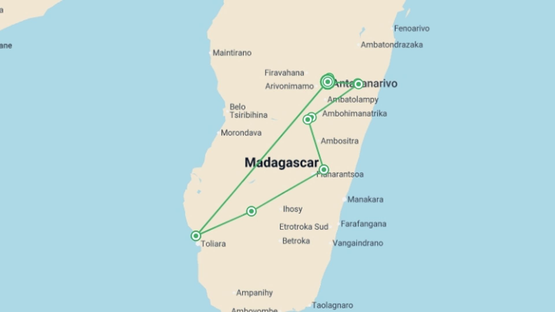 A map showing the tour itinerary for the trip: Madagascar: The Lost Continent, starting in Antananarivo, Madagascar and ending in Antananarivo, Madagascar going through 3 other destinations.