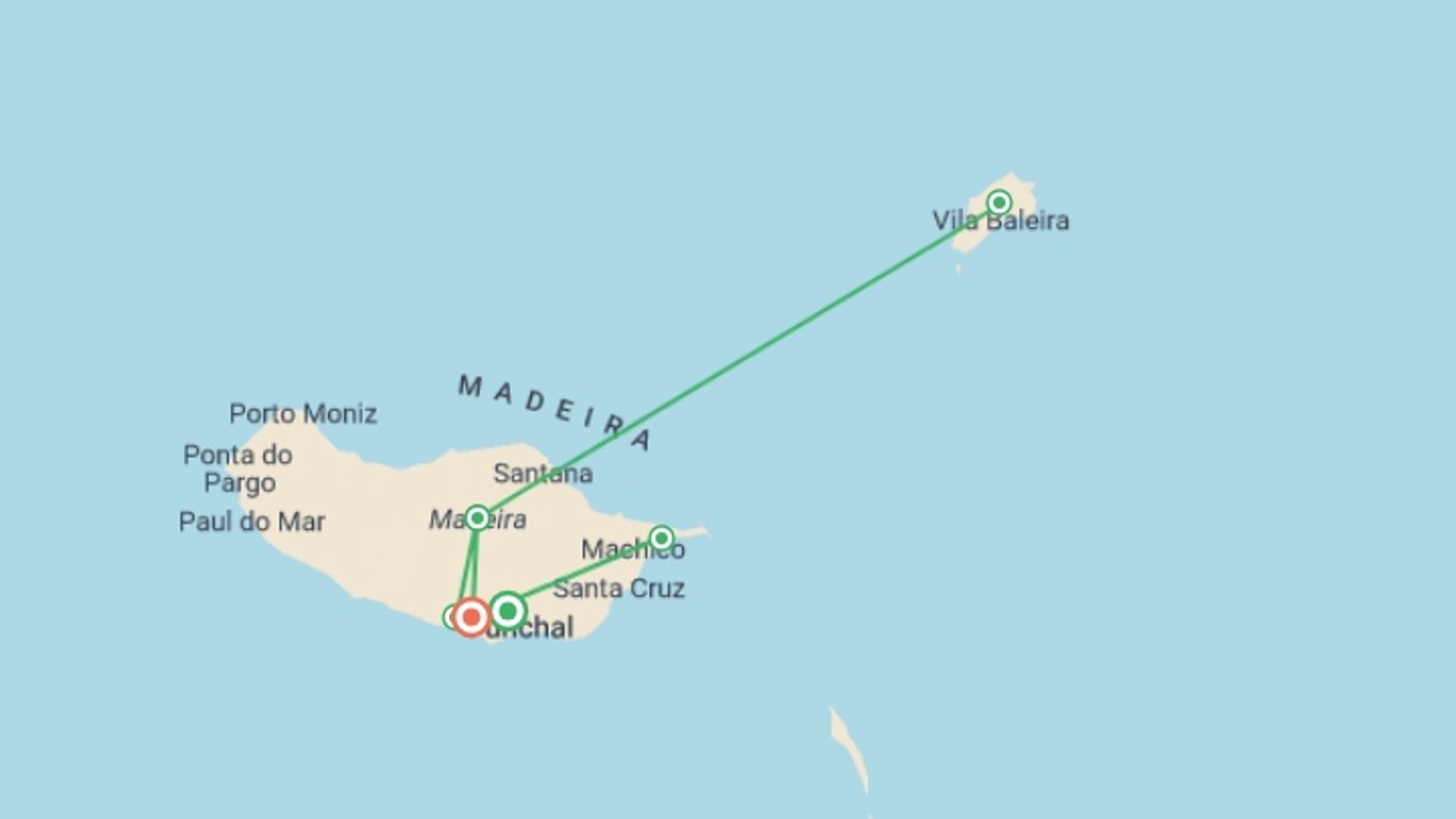 A map showing the tour itinerary for the trip: Madeira Discovery, starting in Funchal, Portugal and ending in Funchal, Portugal going through 2 other destinations.