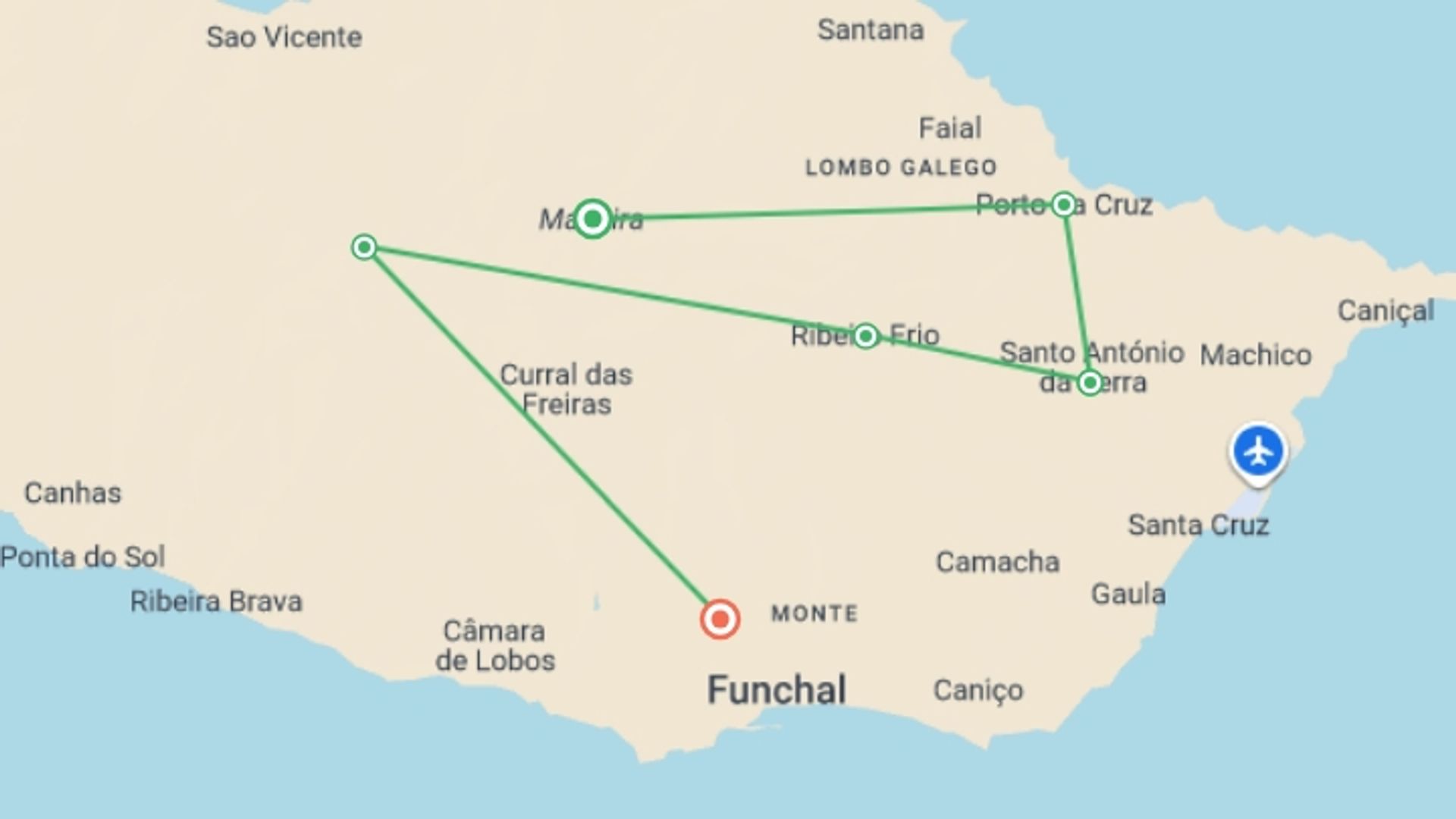 A map showing the tour itinerary for the trip: Madeira Island Walking, starting in Funchal, Portugal and ending in Funchal, Portugal going through 3 other destinations.