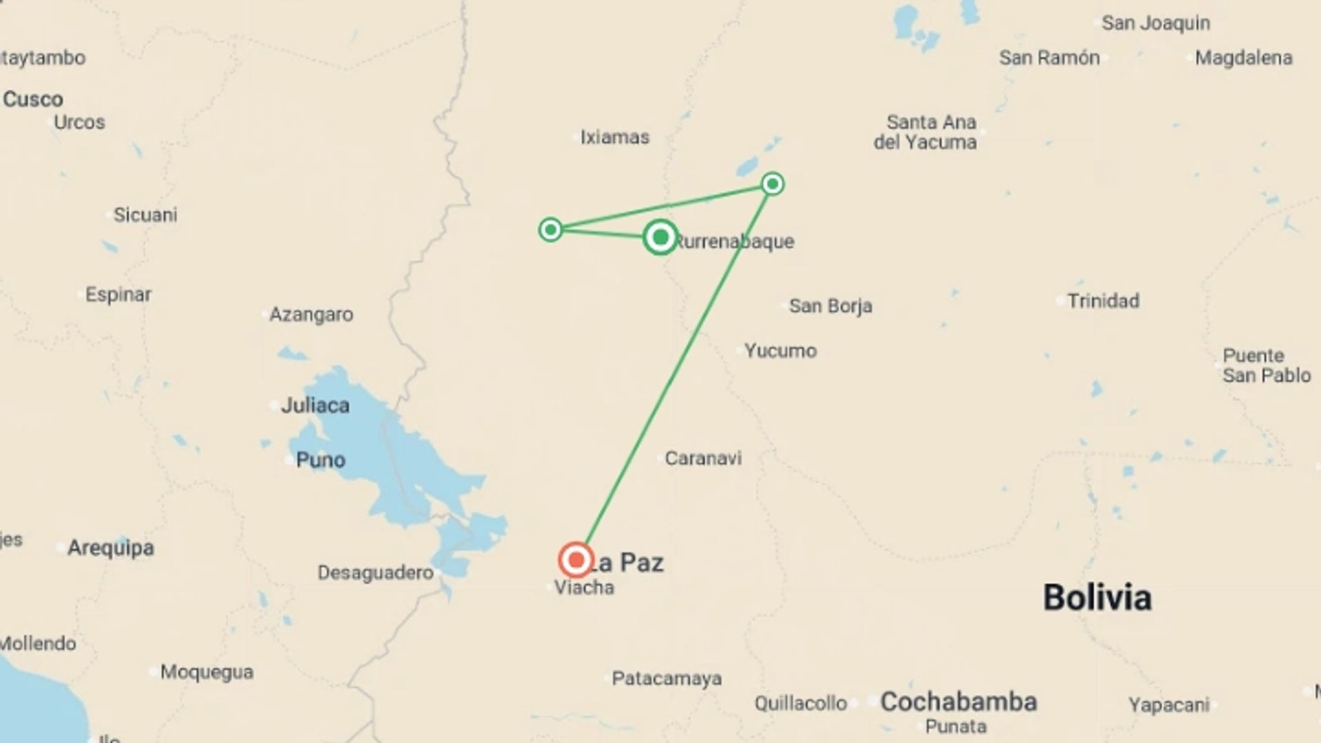 A map showing the tour itinerary for the trip: Madidi & Pampas Amazon Air-Expedition 5D/4N, starting in La Paz, Bolivia and ending in La Paz, Mexico going through 3 other destinations.