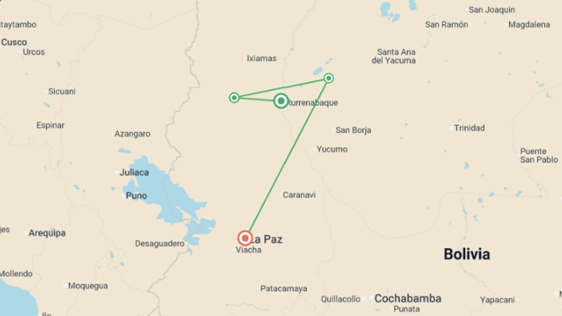 A map showing the tour itinerary for the trip: Madidi & Pampas Amazon Air-Expedition 5D/4N, starting in La Paz, Bolivia and ending in La Paz, Mexico going through 3 other destinations.