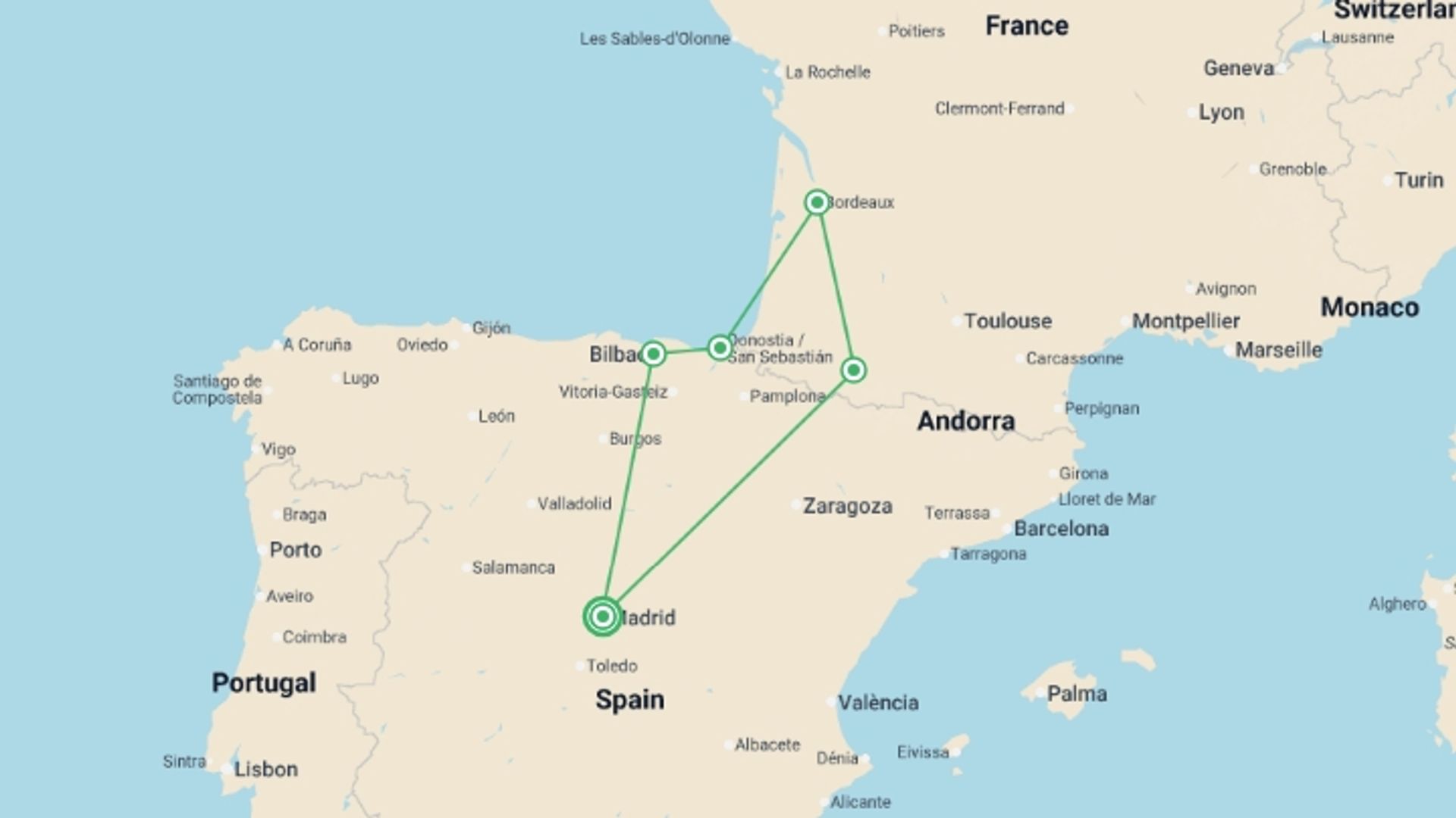 A map showing the tour itinerary for the trip: Madrid and the Basque Country with Lourdes, starting in Madrid, Spain and ending in Madrid, Spain going through 5 other destinations.