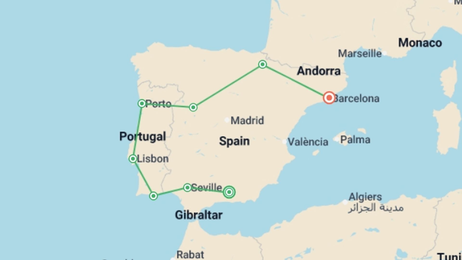 A map showing the tour itinerary for the trip: Madrid to Barcelona, starting in Madrid, Spain and ending in Barcelona, Spain going through 9 other destinations.