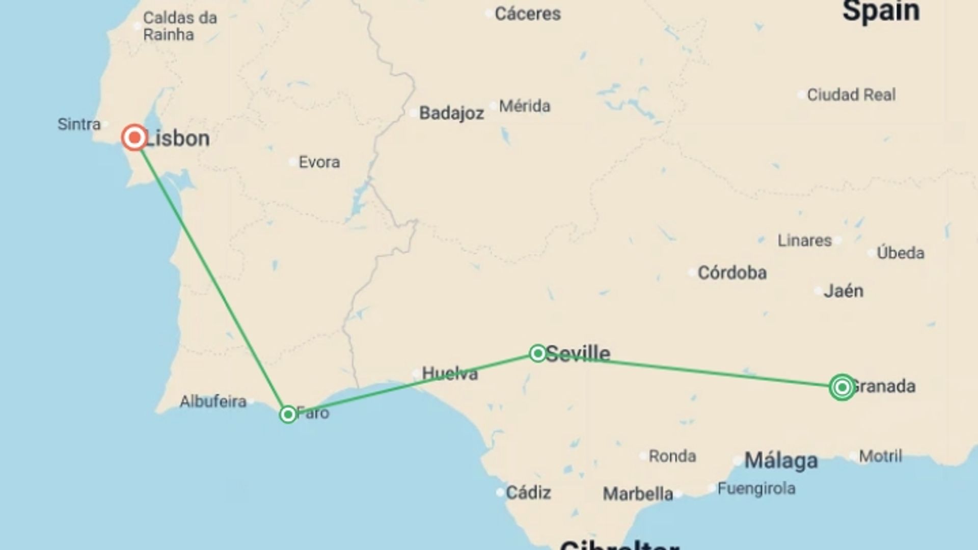 A map showing the tour itinerary for the trip: Madrid to Lisbon, starting in Madrid, Spain and ending in Lisbon, Portugal going through 5 other destinations.