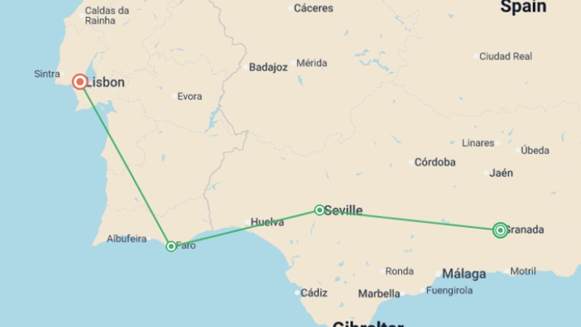 A map showing the tour itinerary for the trip: Madrid to Lisbon, starting in Madrid, Spain and ending in Lisbon, Portugal going through 5 other destinations.