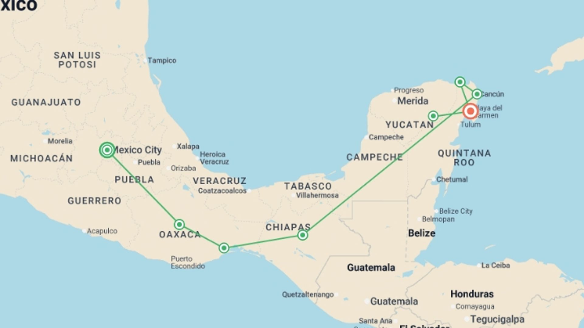 A map showing the tour itinerary for the trip: Magic Mexico Adventure  - 14 days, starting in Mexico City, Mexico and ending in Playa Del Carmen, Mexico going through 5 other destinations.