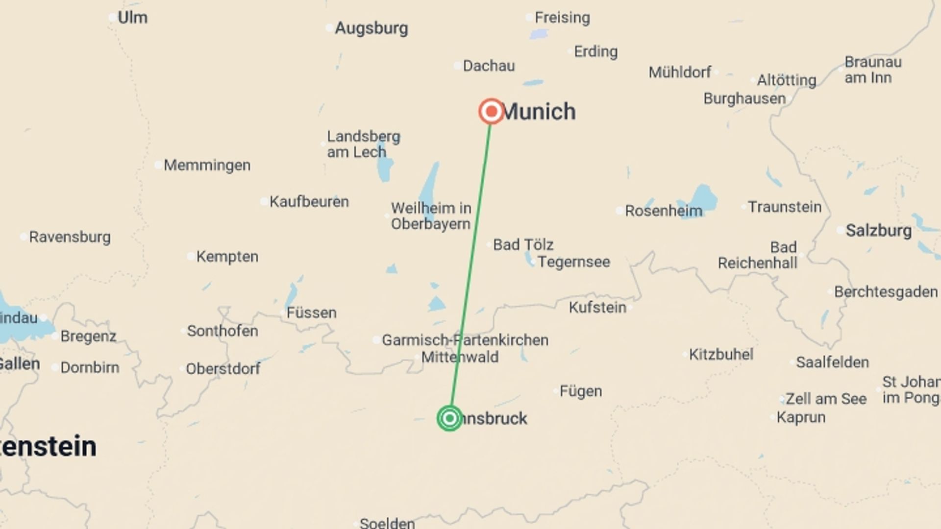 A map showing the tour itinerary for the trip: Magical Christmas Markets of Austria and Germany, starting in Innsbruck, Austria and ending in Munich, Germany going through 2 other destinations.