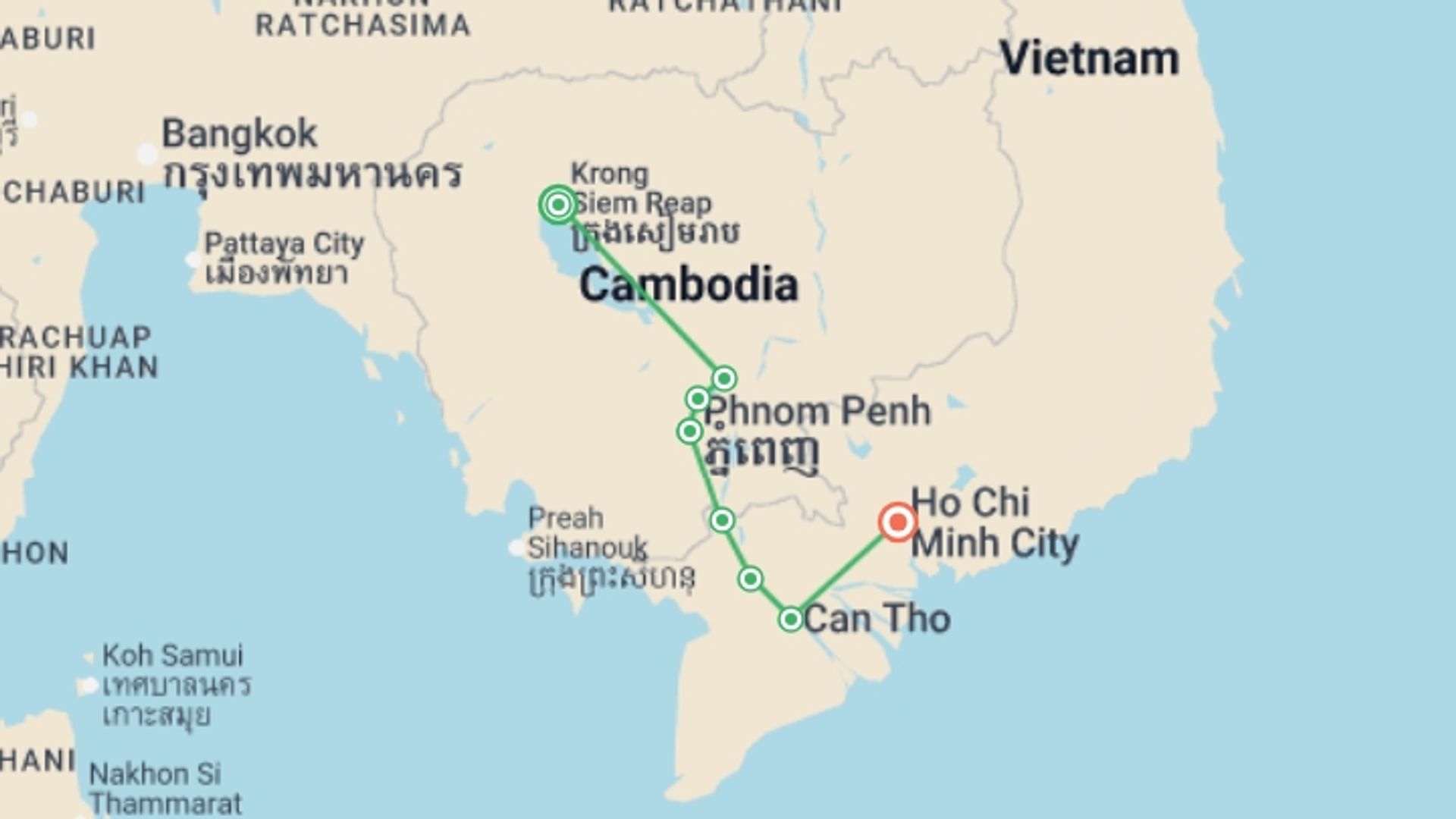 A map showing the tour itinerary for the trip: Magical Mekong Cruise Downstream, starting in Siem Reap, Cambodia and ending in Ho Chi Minh City, Vietnam going through 4 other destinations.