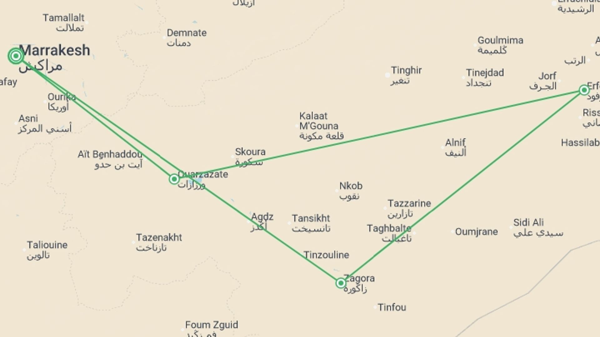 A map showing the tour itinerary for the trip: Magical Moroccan South and Kasbahs, starting in Marrakech, Morocco and ending in Ouarzazate, Morocco going through 3 other destinations.