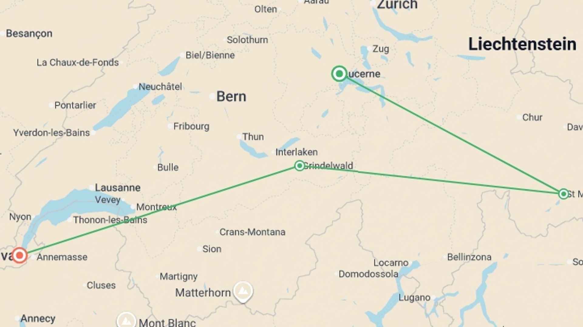 A map showing the tour itinerary for the trip: Magical Switzerland, starting in Zurich, Switzerland and ending in Geneva, Switzerland going through 4 other destinations.