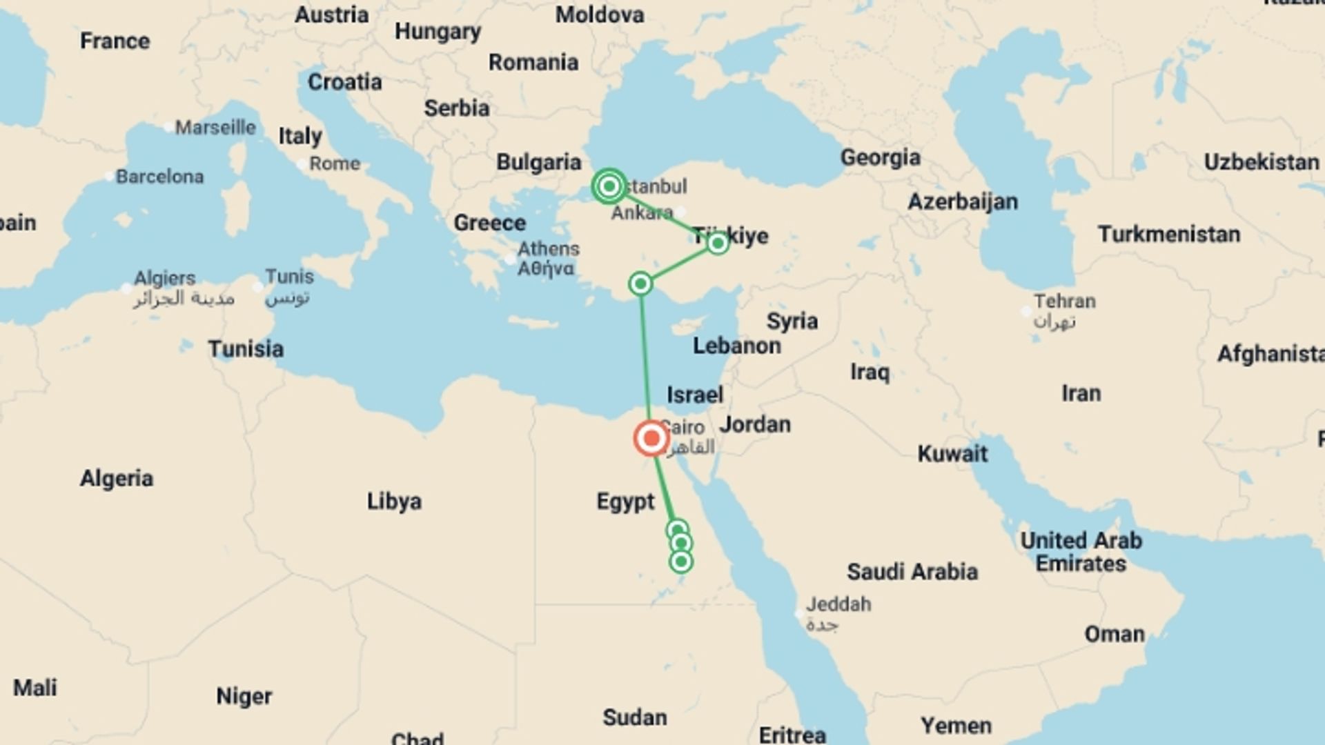 A map showing the tour itinerary for the trip: Magical Türkiye and Egypt, starting in Istanbul, Turkey and ending in Cairo, Egypt going through 6 other destinations.