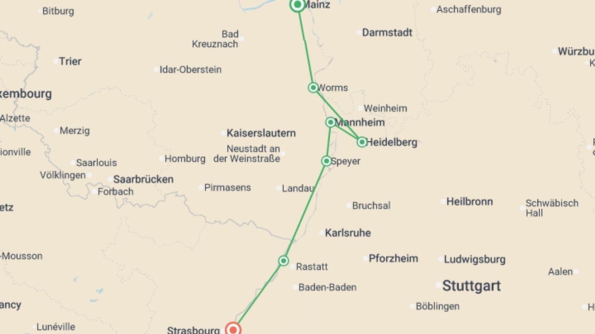 A map showing the tour itinerary for the trip: Mainz to Strasbourg by Bike and Barge, starting in Mainz, Germany and ending in Germany going through 1 other destinations.