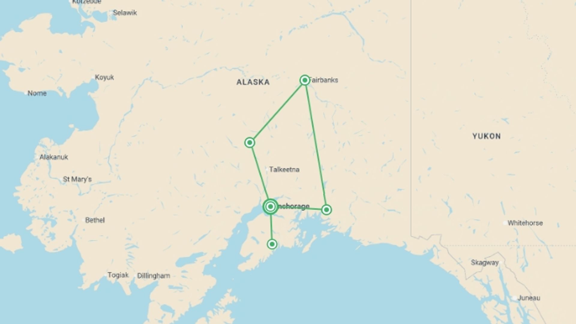 A map showing the tour itinerary for the trip: Majestic Alaska, starting in Anchorage, USA and ending in Vancouver, Canada going through 4 other destinations.