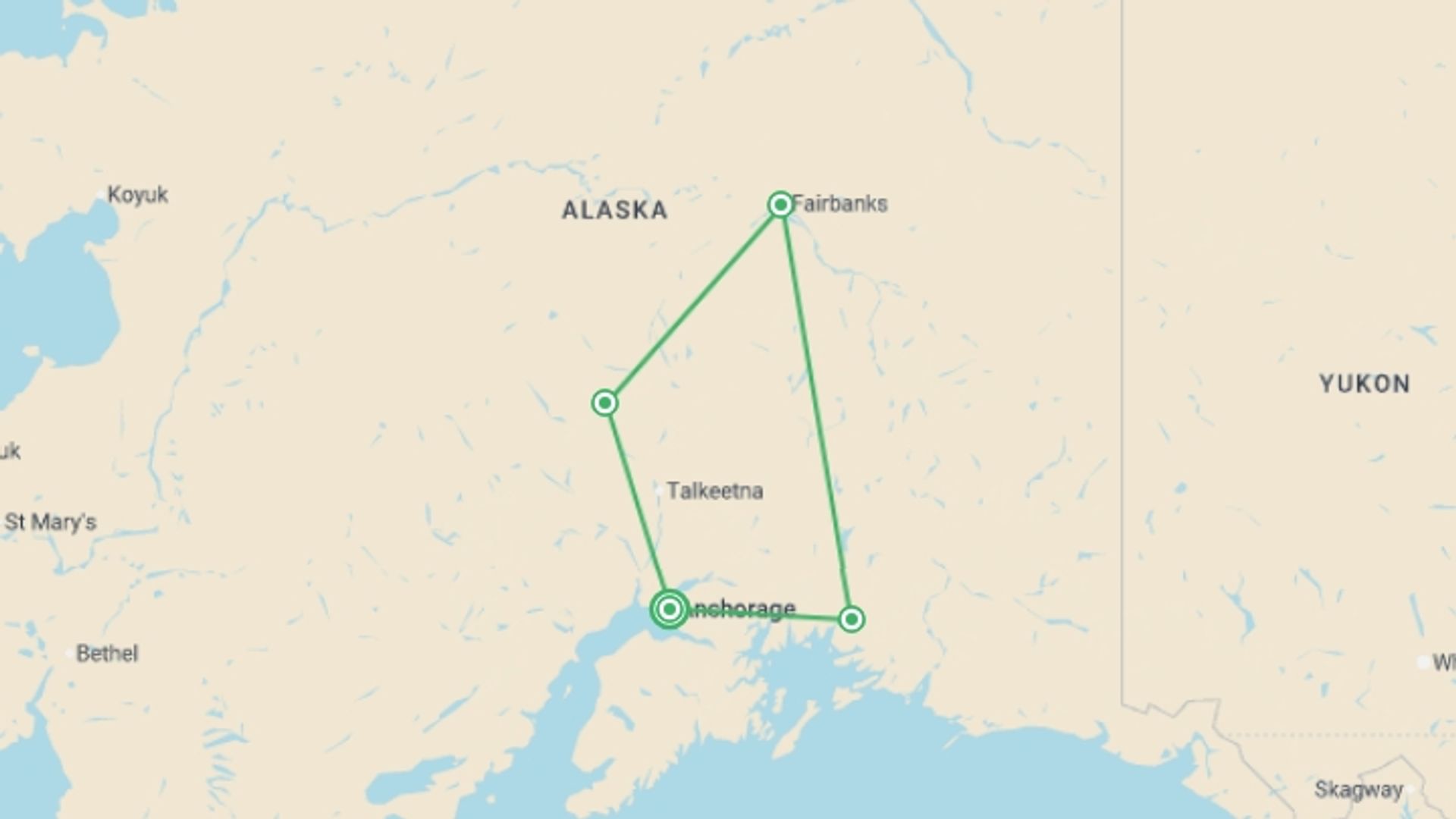 A map showing the tour itinerary for the trip: Majestic Alaska, starting in Anchorage, USA and ending in Vancouver, Canada going through 4 other destinations.