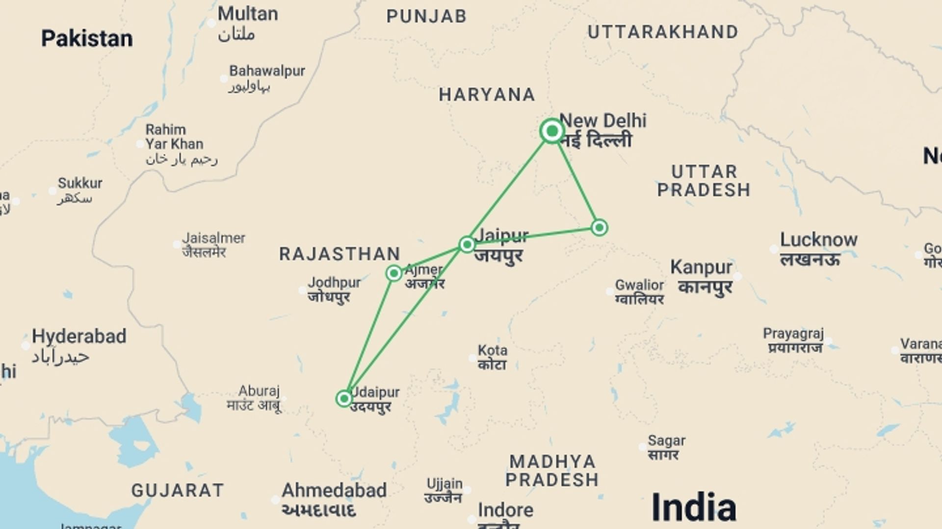 A map showing the tour itinerary for the trip: Majestic India, starting in New Delhi, India and ending in New Delhi, India going through 5 other destinations.