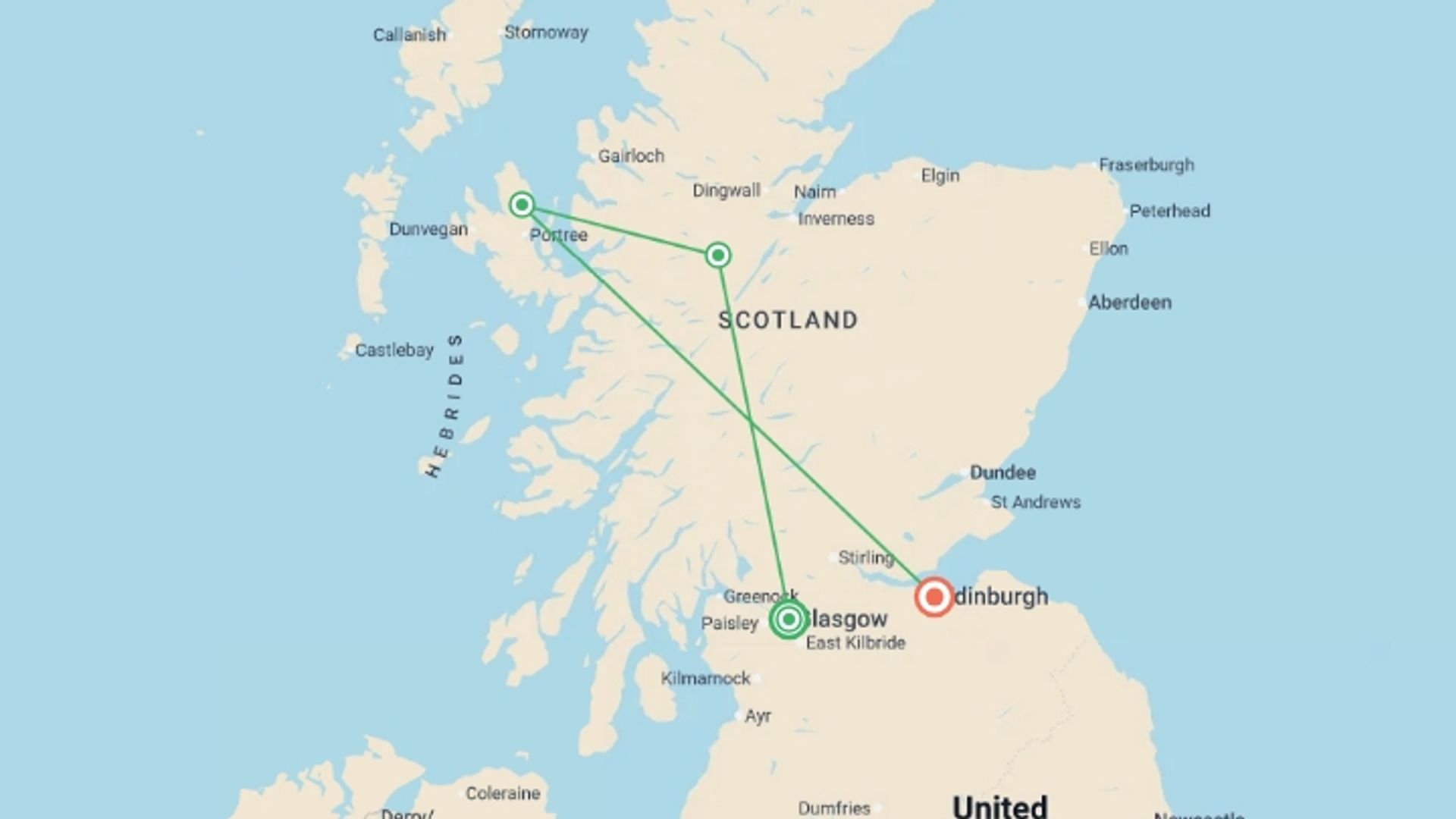 A map showing the tour itinerary for the trip: Majestic Scotland, starting in Glasgow, Scotland and ending in Edinburgh, Scotland going through 3 other destinations.