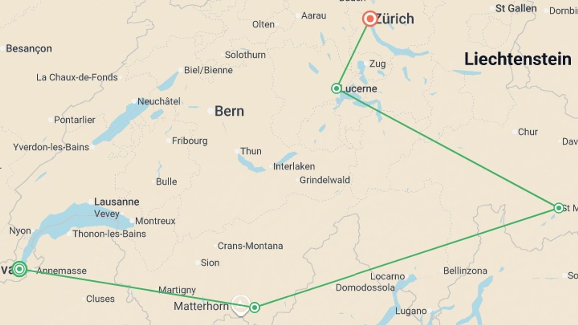 A map showing the tour itinerary for the trip: Majestic Switzerland, starting in Zurich, Switzerland and ending in Zurich, Switzerland going through 4 other destinations.