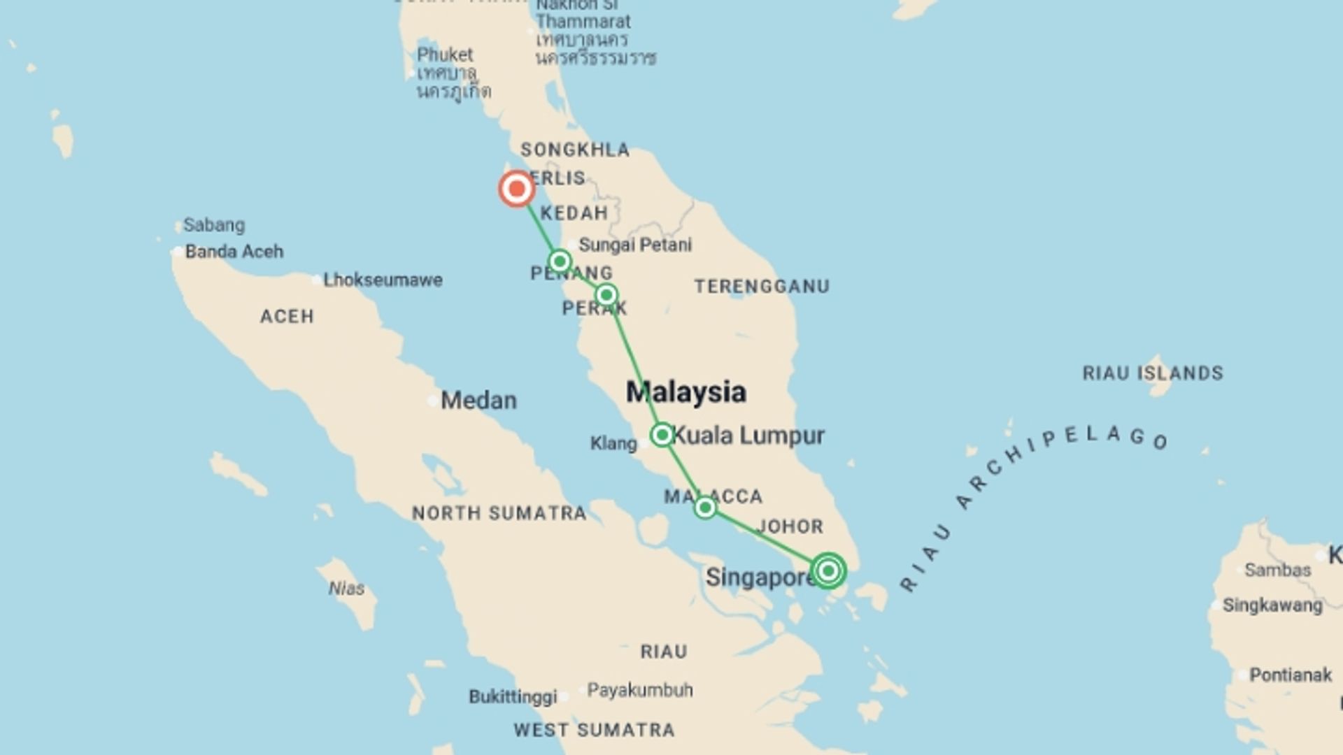 A map showing the tour itinerary for the trip: Malaysia and Singapore Explorer, starting in Singapore, Singapore and ending in Langkawi, Malaysia going through 4 other destinations.