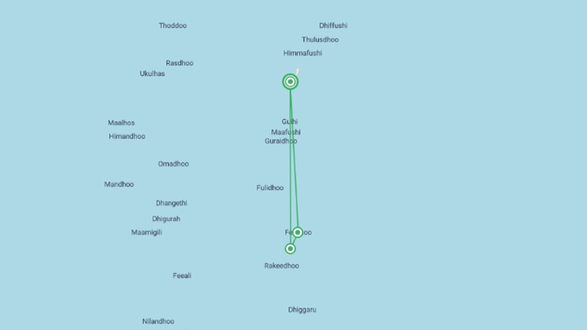 A map showing the tour itinerary for the trip: Maldive Dhoni Cruise, starting in Male, Maldives and ending in Male, Maldives going through 1 other destinations.