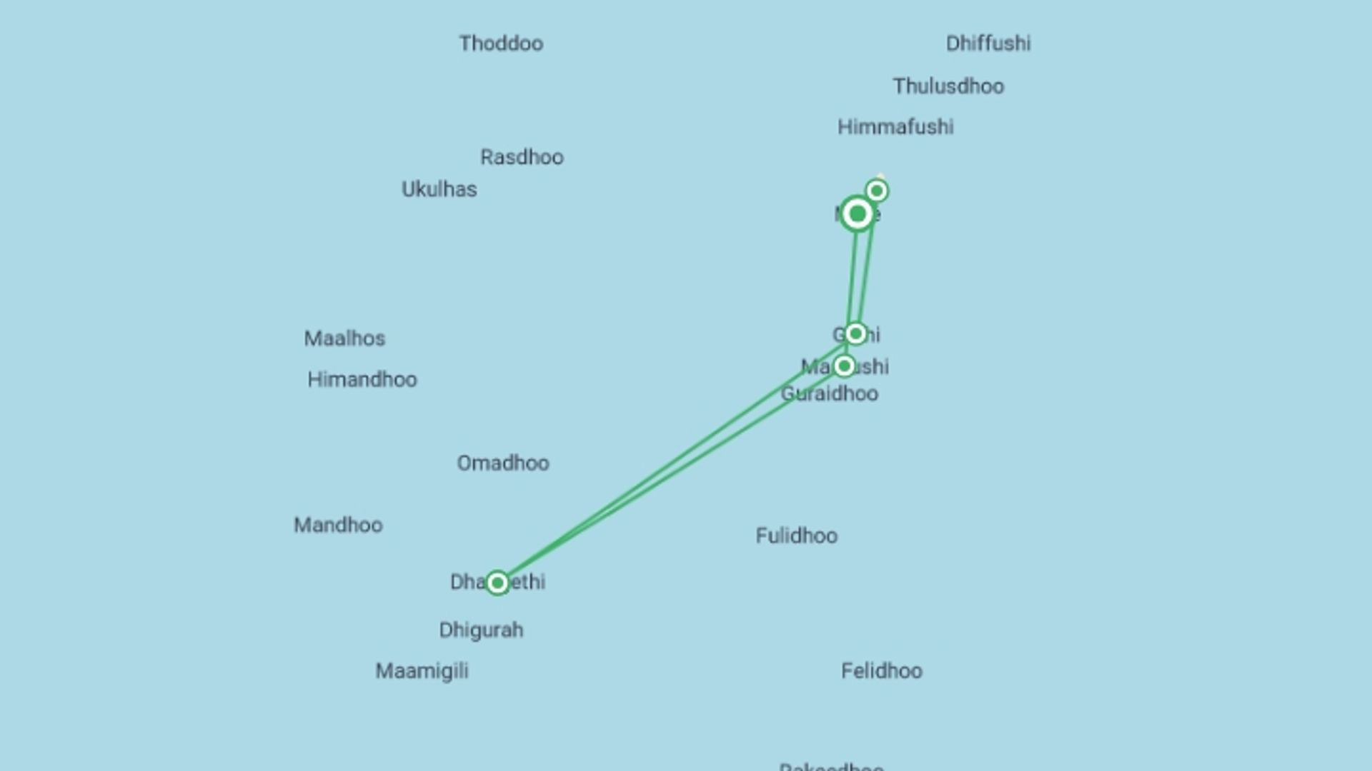 A map showing the tour itinerary for the trip: Maldives Whale Shark Conservation Cruise - 8 days, starting in Male, Maldives and ending in Male, Maldives going through 1 other destinations.