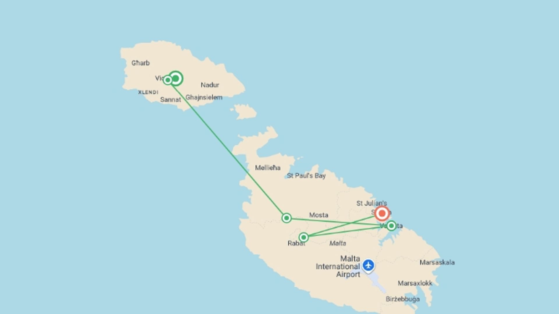 A map showing the tour itinerary for the trip: Malta and Gozo Discovery, starting in Gozo, Malta and ending in Sliema, Malta going through 3 other destinations.