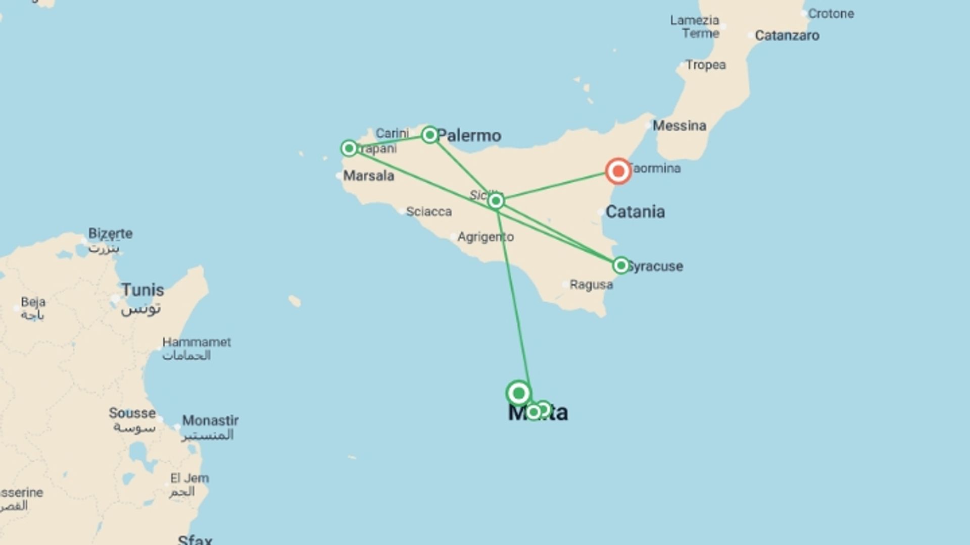 A map showing the tour itinerary for the trip: Malta and Gozo Discovery + Classical Sicily, starting in Valletta, Malta and ending in Giardini Naxos, Italy going through 8 other destinations.