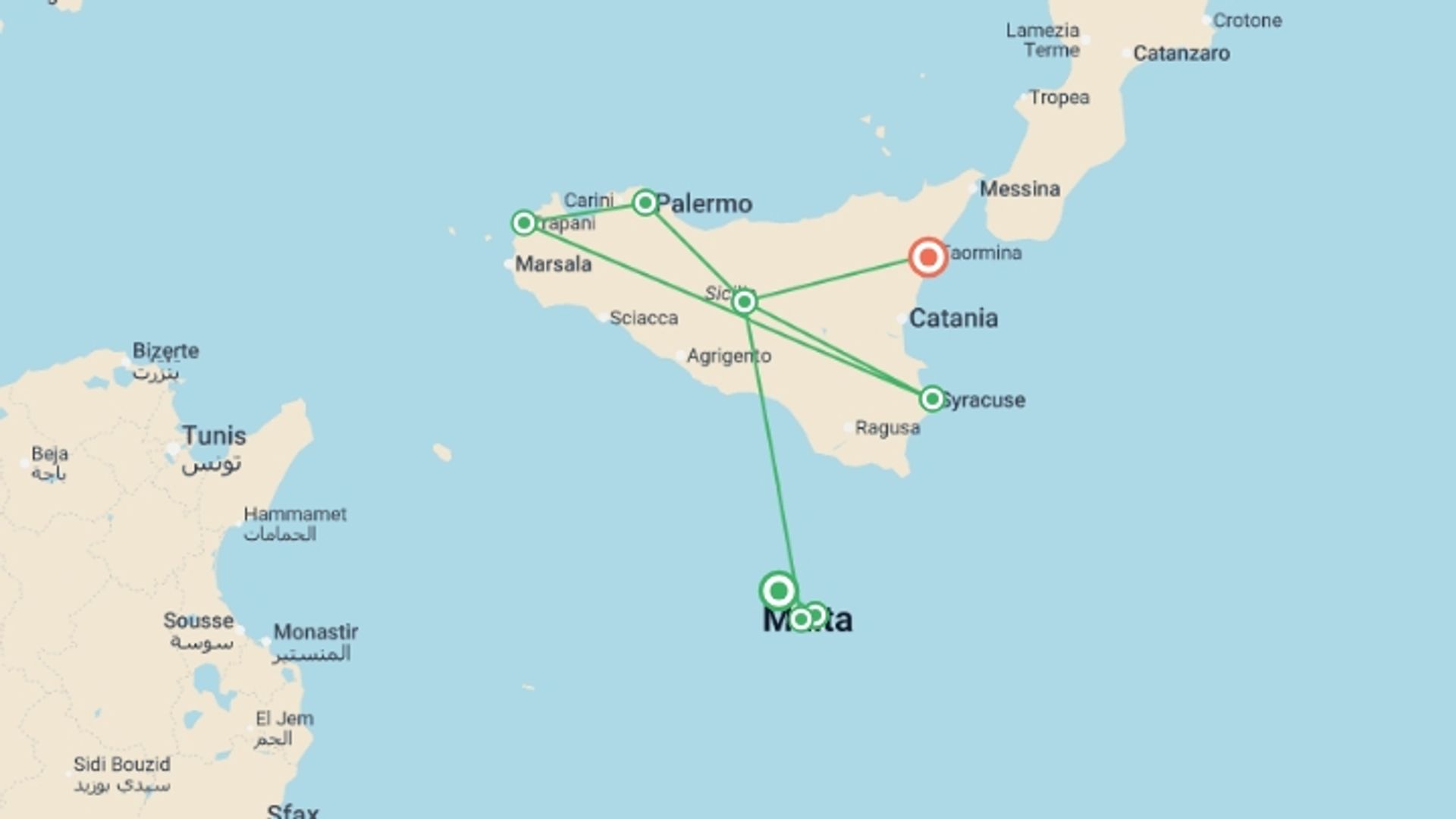 A map showing the tour itinerary for the trip: Malta and Gozo Discovery + Classical Sicily, starting in Valletta, Malta and ending in Giardini Naxos, Italy going through 8 other destinations.
