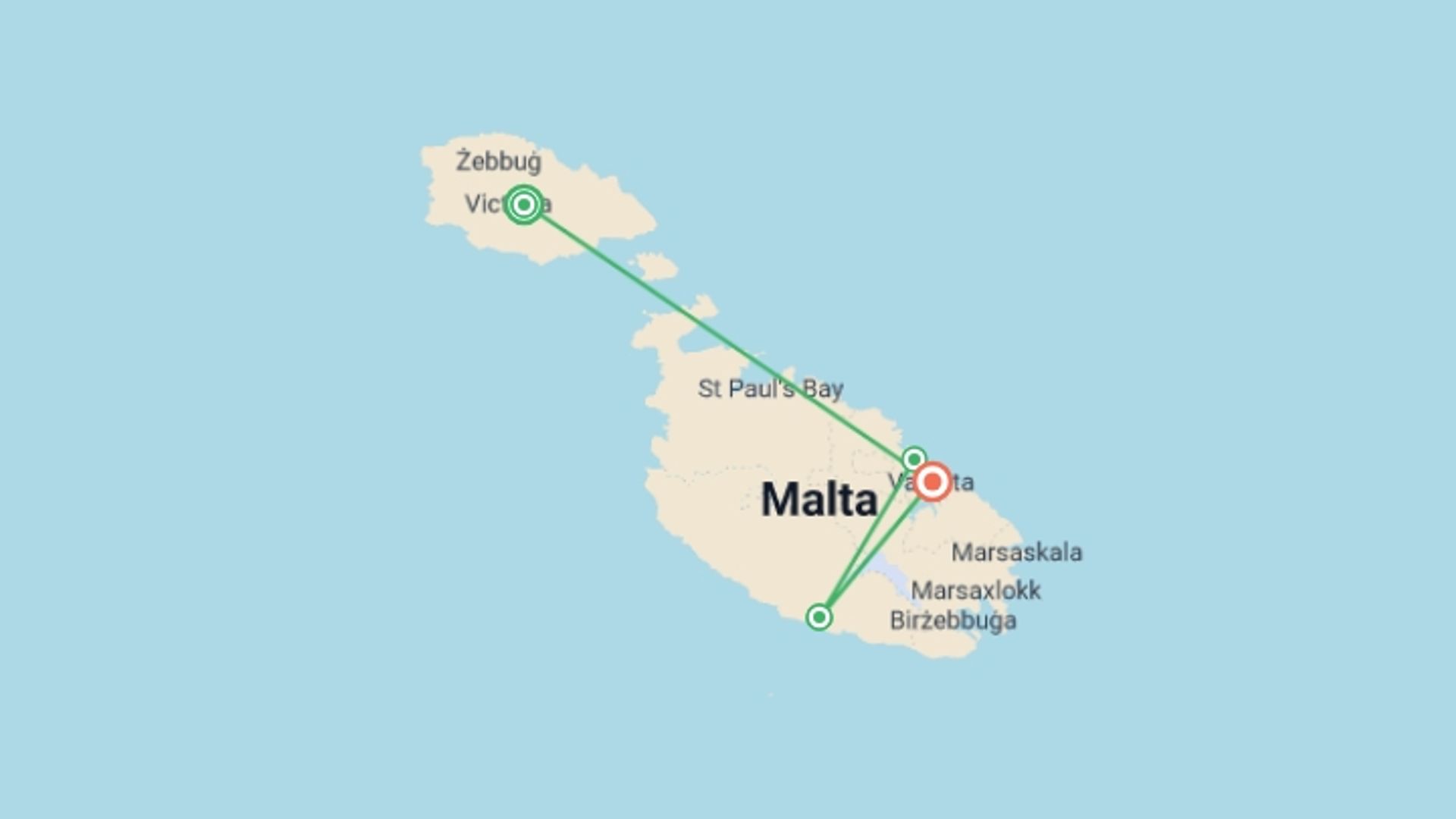 A map showing the tour itinerary for the trip: Malta: Valletta, the Blue Grotto & Gozo Island, starting in Valletta, Malta and ending in Valletta, Malta going through 3 other destinations.