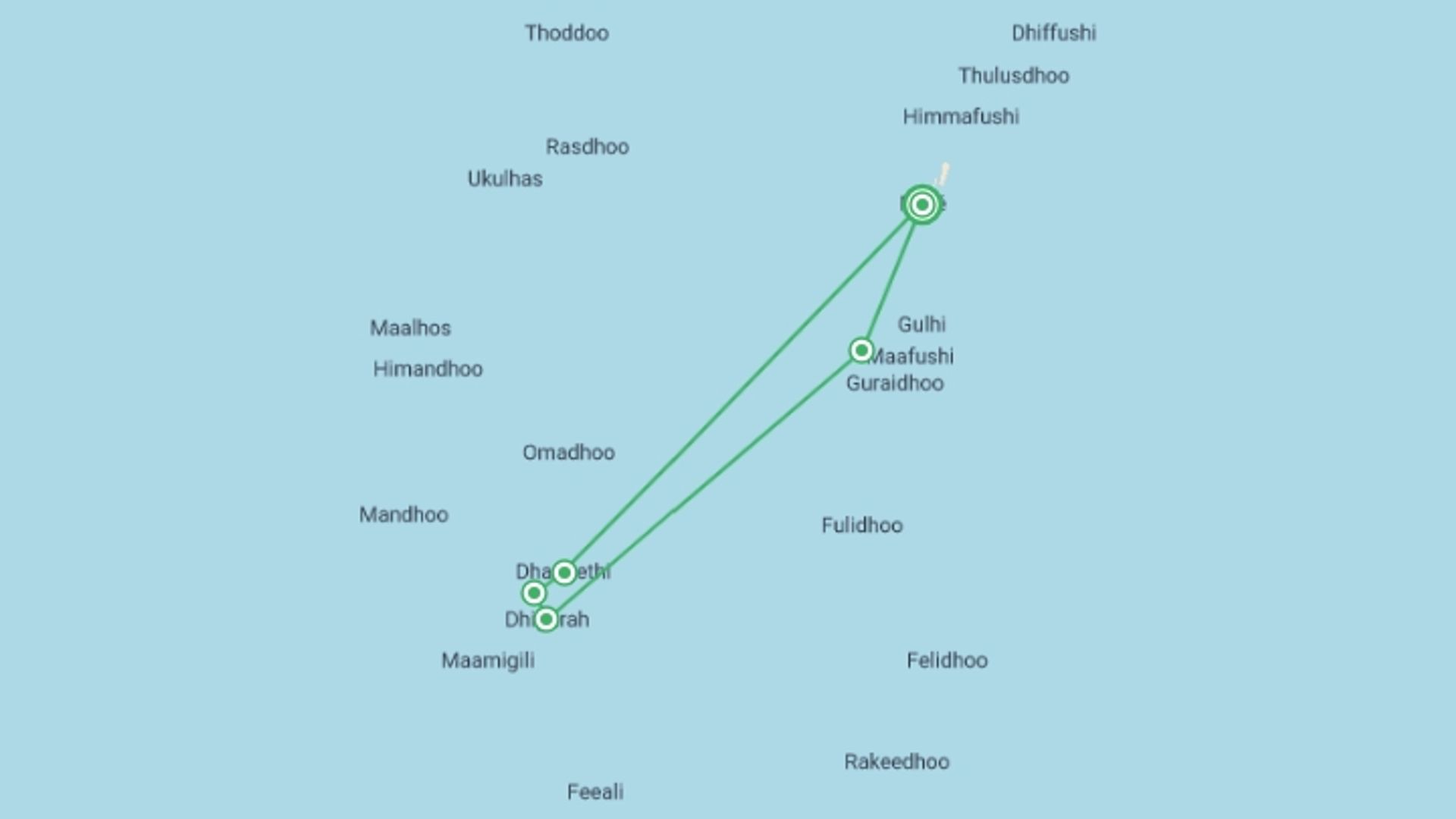 A map showing the tour itinerary for the trip: Marine Wildlife of the Maldives, starting in Male, Maldives and ending in Male, Maldives going through 1 other destinations.