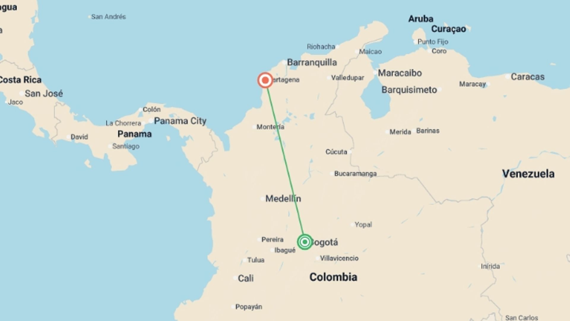 A map showing the tour itinerary for the trip: Marvelous Bogota and Cartagena, starting in Bogota, Colombia and ending in Cartagena, Colombia going through 2 other destinations.