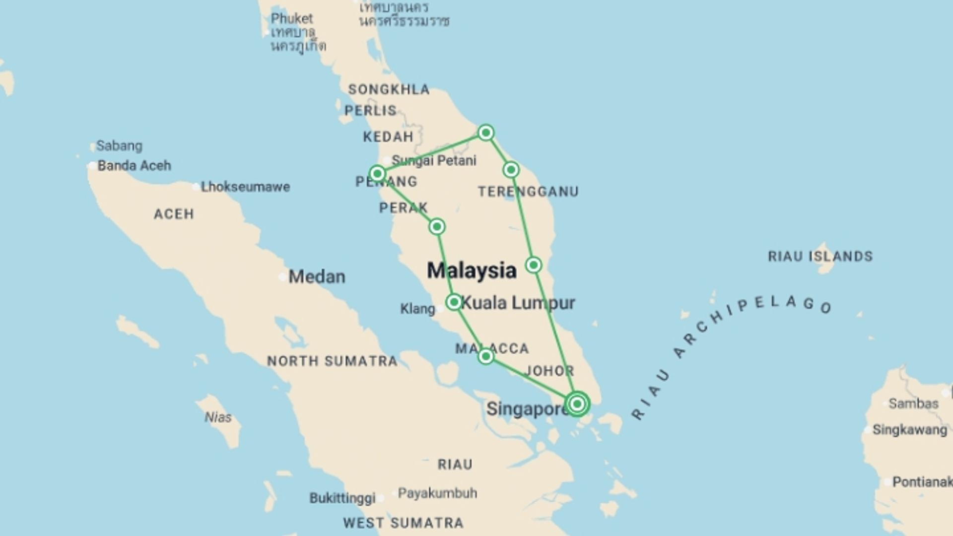 A map showing the tour itinerary for the trip: Marvelous Singapore and Malaysia, starting in Singapore, Singapore and ending in Singapore, Singapore going through 4 other destinations.