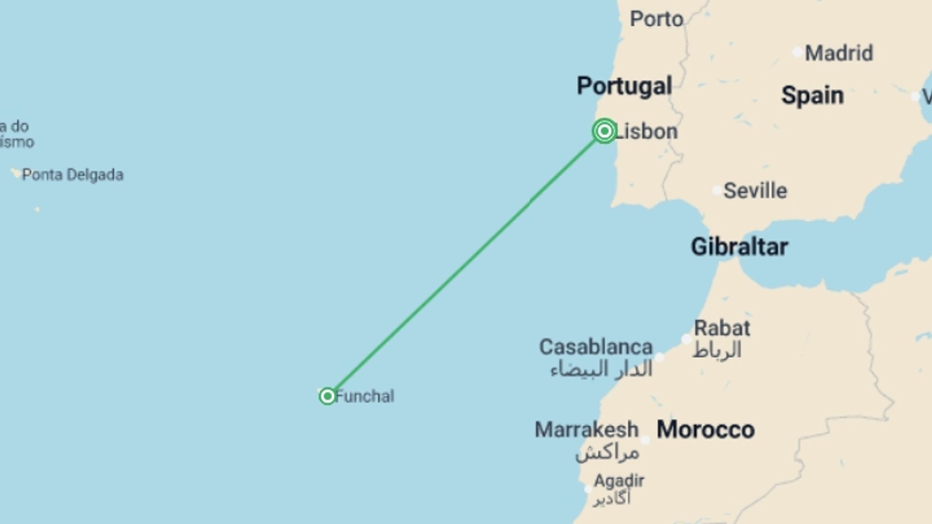 A map showing the tour itinerary for the trip: Marvels of Lisbon and Madeira Island, starting in Lisbon, Portugal and ending in Lisbon, Portugal going through 3 other destinations.