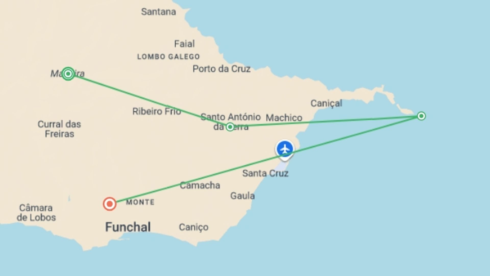 A map showing the tour itinerary for the trip: Marvels of Madeira Walk, starting in Madeira, Portugal and ending in Funchal, Portugal going through 2 other destinations.
