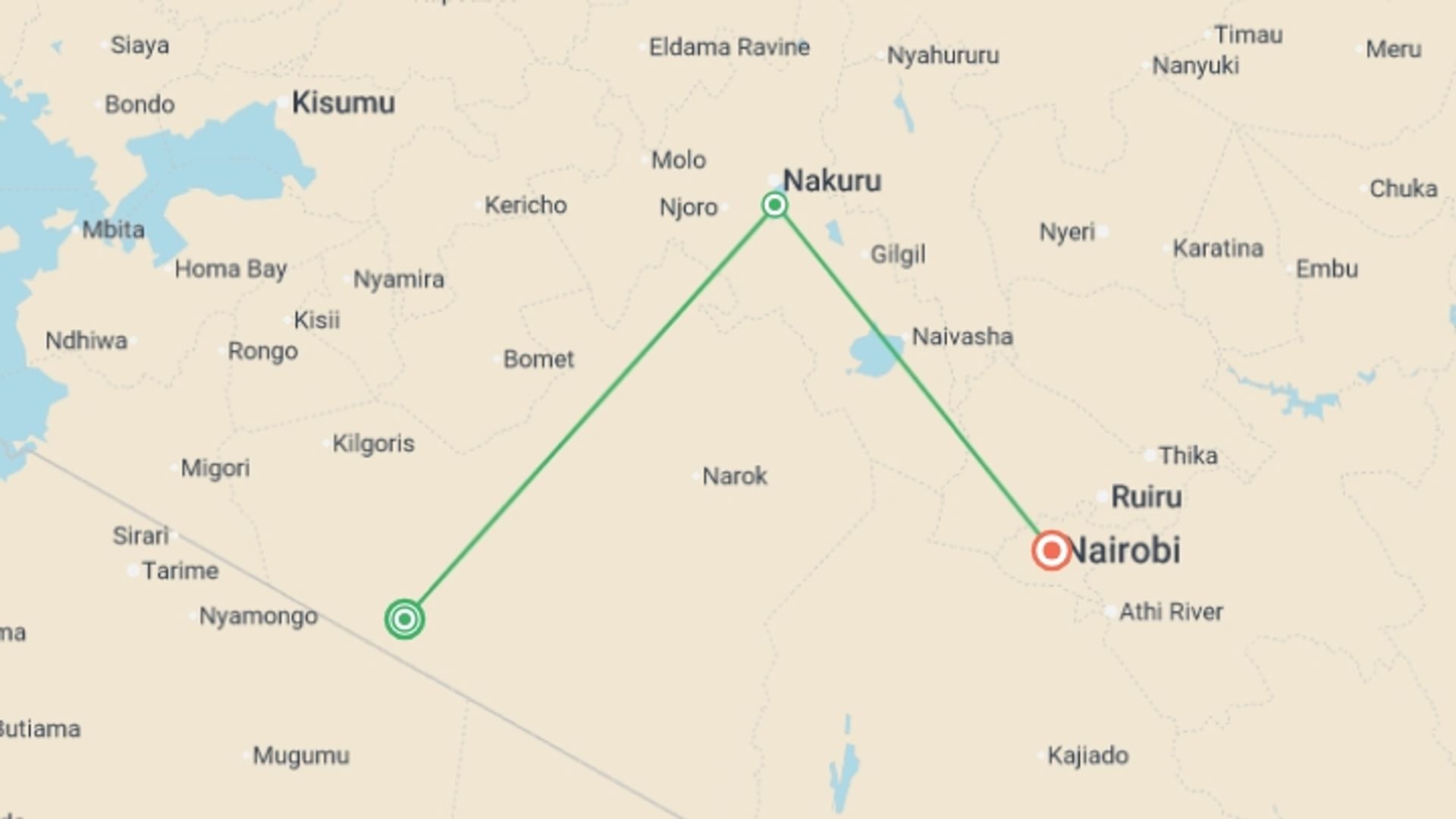 A map showing the tour itinerary for the trip: Masai Mara Interactive & Lake Nakuru Safari 4D/3N, starting in Nairobi, Kenya and ending in Nairobi, Kenya going through 2 other destinations.
