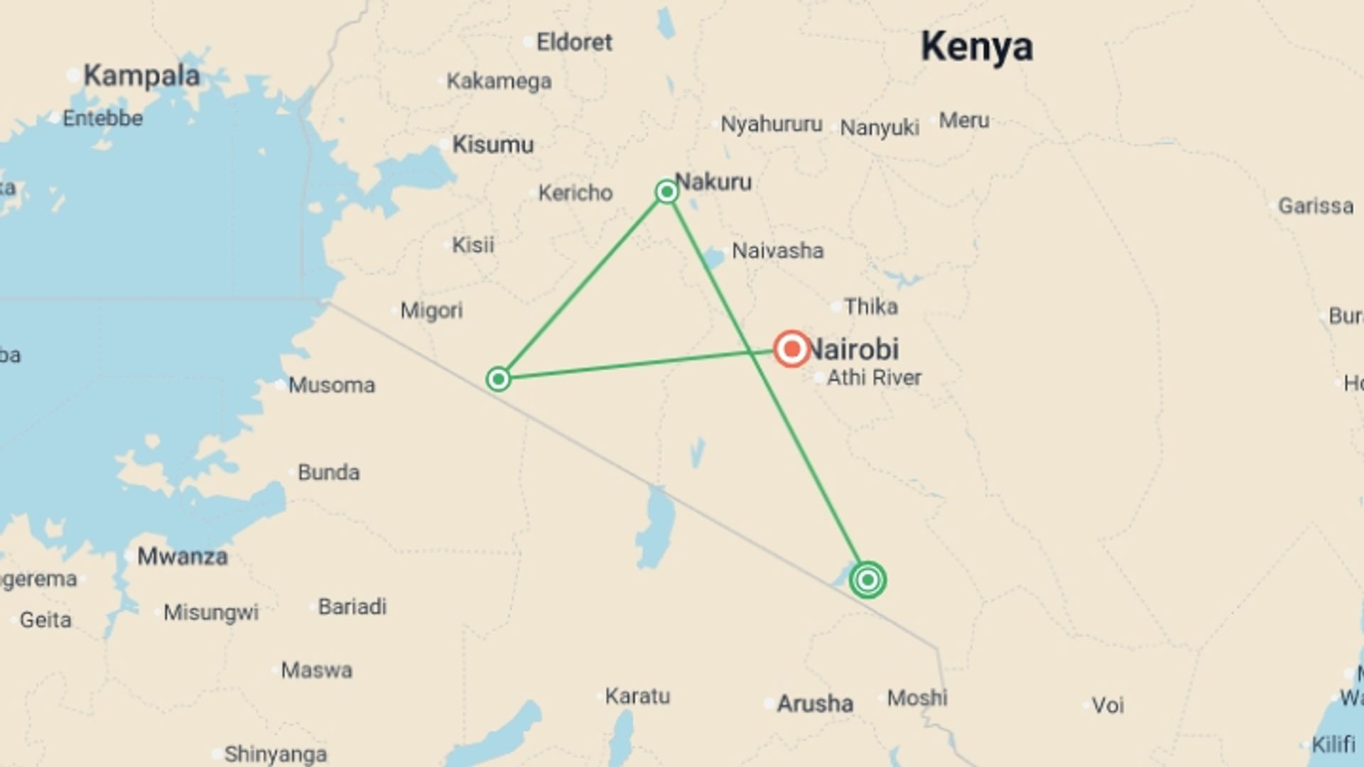 A map showing the tour itinerary for the trip: Masai Mara Interactive, Lake Nakuru & Amboseli Safari 6D/5N, starting in Nairobi, Kenya and ending in Nairobi, Kenya going through 3 other destinations.
