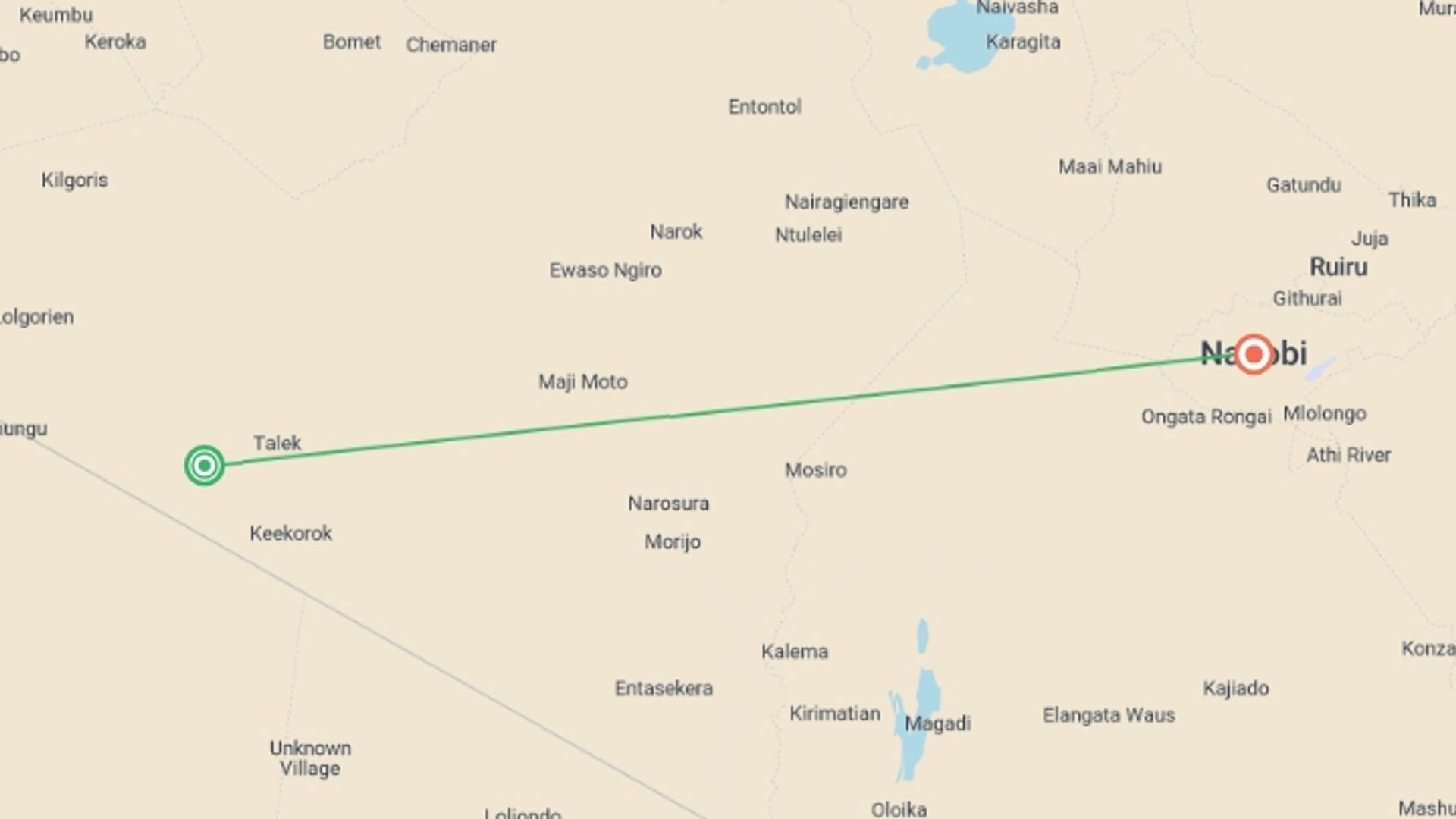 A map showing the tour itinerary for the trip: Masai Mara Interactive Safari 3D/2N, starting in Nairobi, Kenya and ending in Nairobi, Kenya going through 1 other destinations.