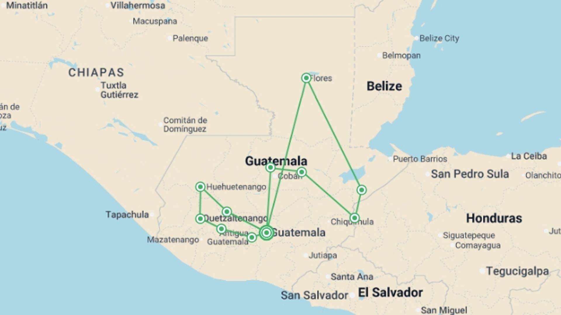 A map showing the tour itinerary for the trip: Mayan Treasures, starting in Guatemala City, Guatemala and ending in Guatemala City, Guatemala going through 3 other destinations.