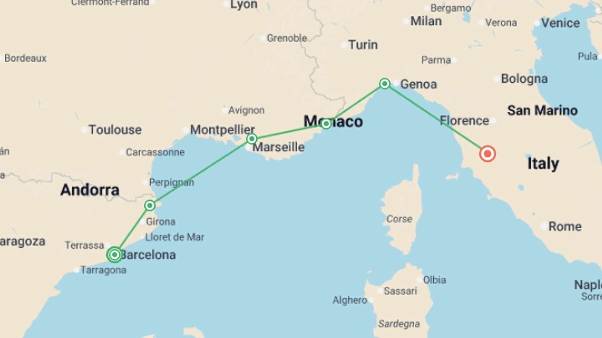 A map showing the tour itinerary for the trip: Mediterranean Coastal Journey Spain, France & Italy, starting in Barcelona, Spain and ending in Tuscany, Italy going through 3 other destinations.