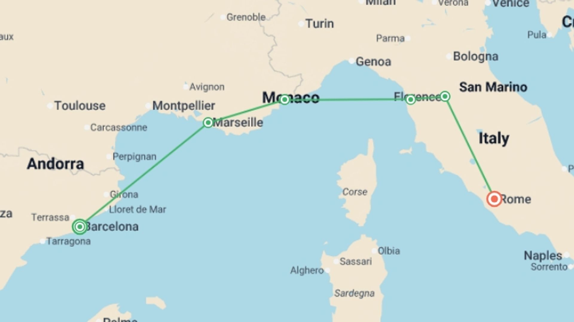 A map showing the tour itinerary for the trip: Mediterranean Highlights, starting in Madrid, Spain and ending in Rome, Italy going through 7 other destinations.