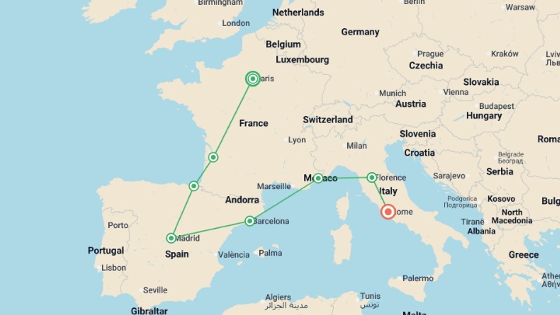 A map showing the tour itinerary for the trip: Mediterranean Journey, starting in London, England and ending in Rome, Italy going through 8 other destinations.