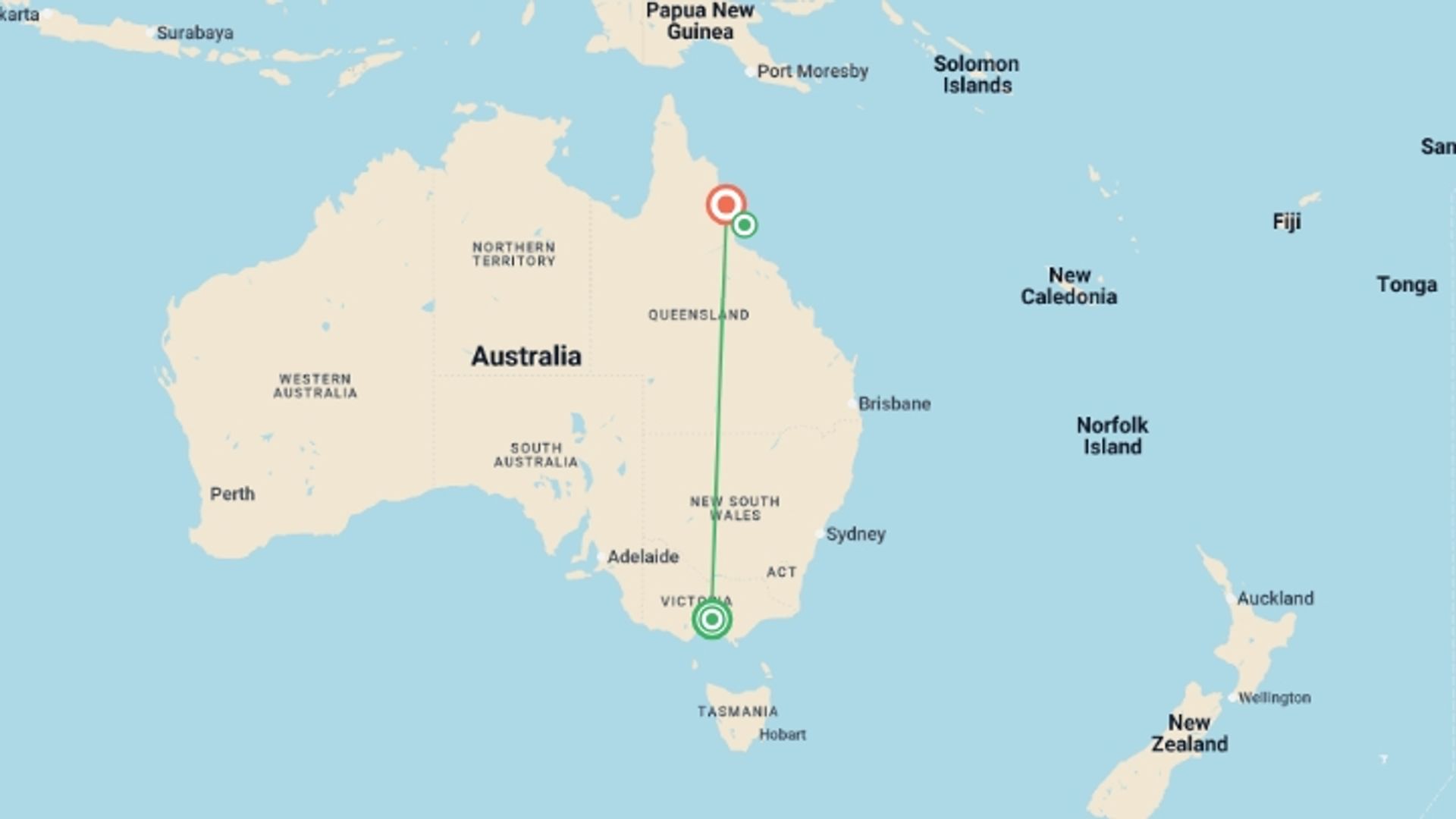A map showing the tour itinerary for the trip: Melbourne to Cairns Highlights, starting in Melbourne, Australia and ending in Cairns, Australia going through 3 other destinations.