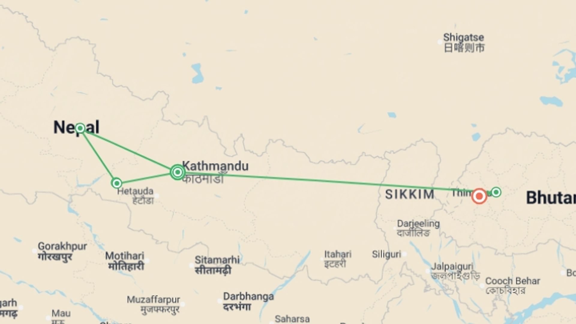 A map showing the tour itinerary for the trip: Mesmerising Nepal and Bhutan, starting in Kathmandu, Nepal and ending in Paro, Bhutan going through 5 other destinations.