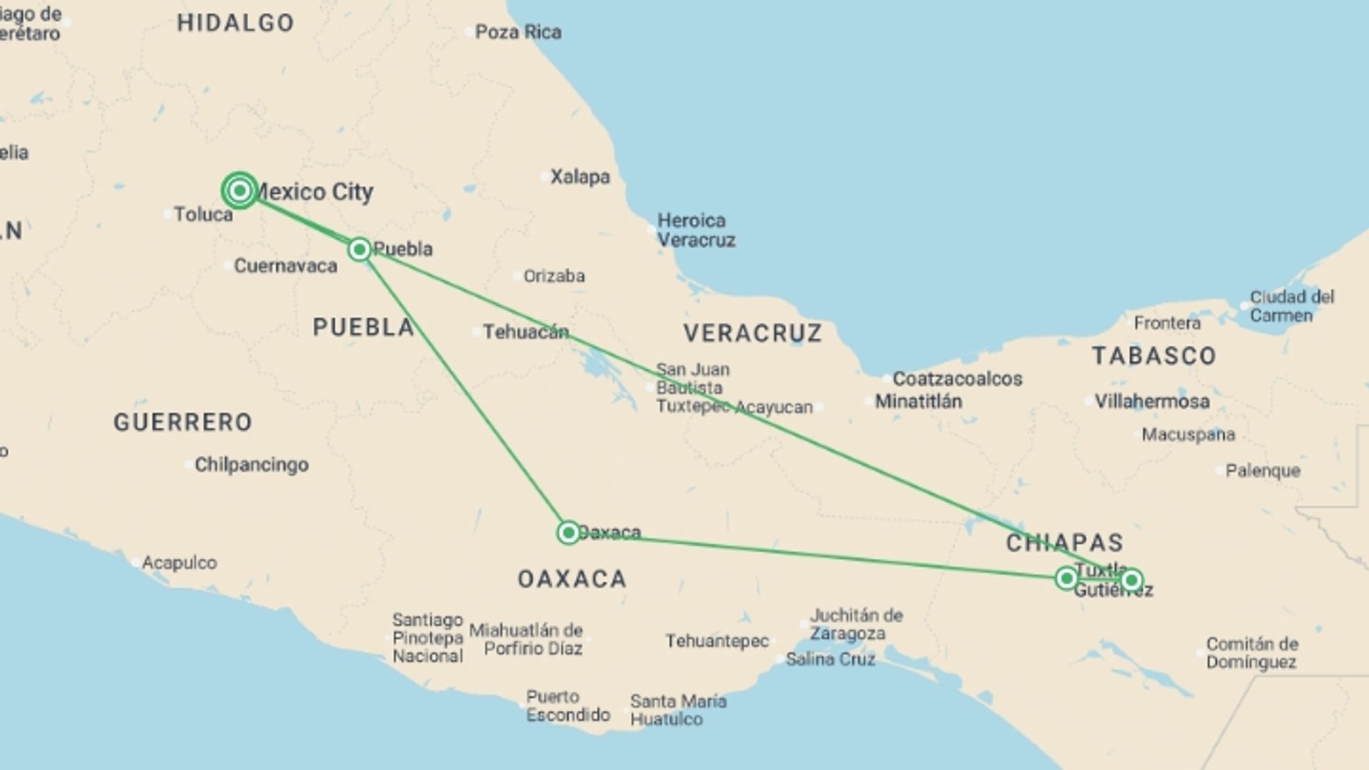 A map showing the tour itinerary for the trip: Mexican stroll, starting in Mexico City, Mexico and ending in Mexico City, Mexico going through 4 other destinations.