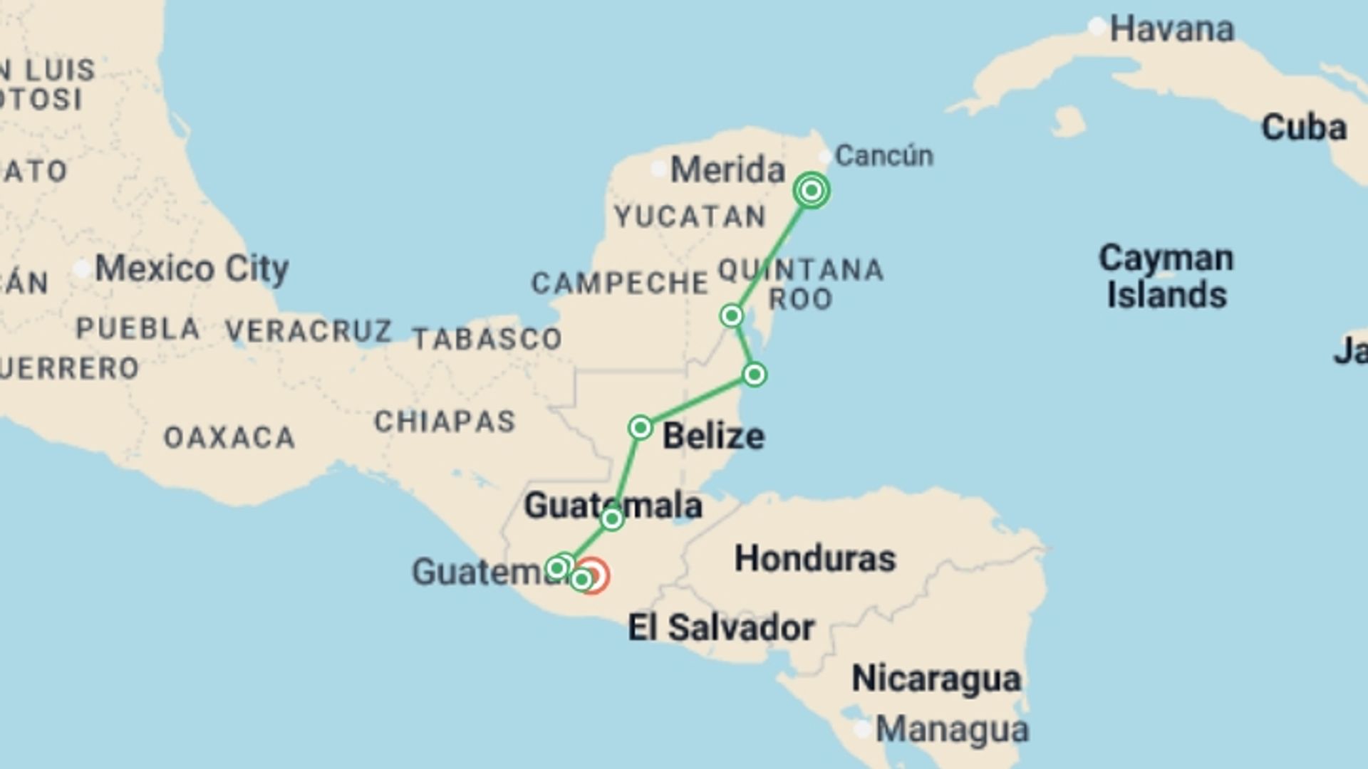 A map showing the tour itinerary for the trip: Mexico, Belize & Guatemala Adventure  - 18 days, starting in Cancún, Mexico and ending in Antigua, Guatemala going through 6 other destinations.